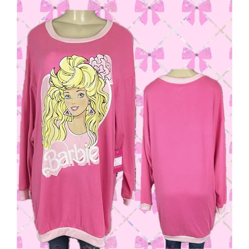 Barbie L Pink Logo Head Shot Graphic Ribbed Trim Relaxed Long Sleeve Sleep Shirt